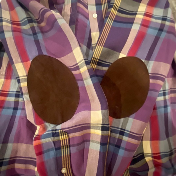 Lauren Ralph Lauren Plaid Leather Trim Point Collar Long Sleeve Shirt - Picture 4 of 6